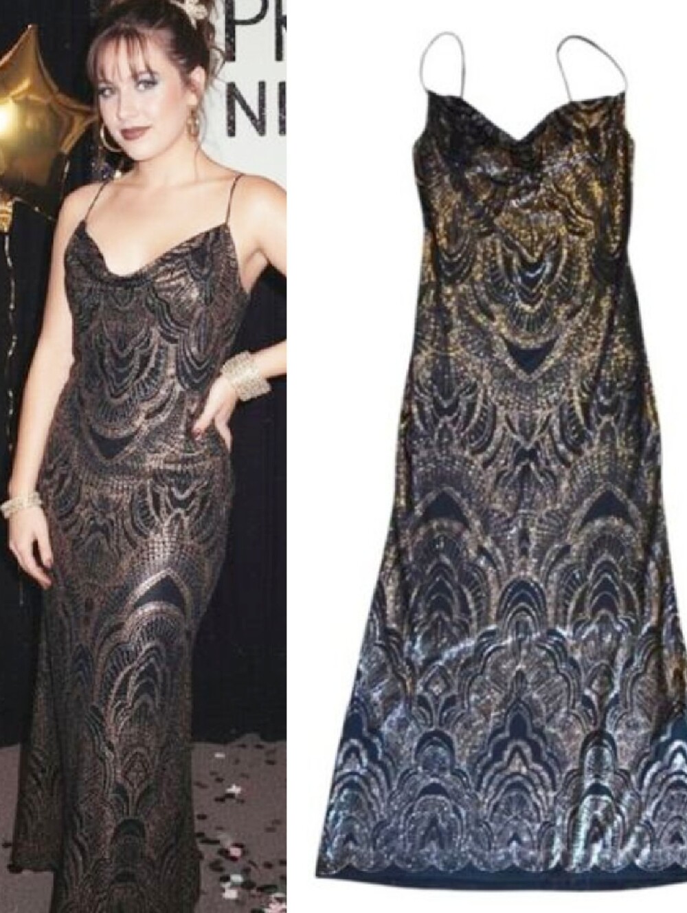 Vtg‎ 90s Black Gold Glitter Cowl Neck Fitted Maxi Prom Slip Dress Medium *Small